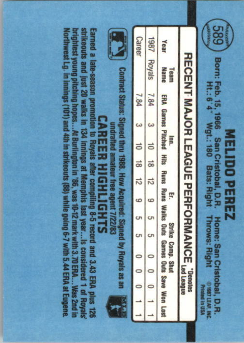 1988 Melido Perez Donruss Baseball Card #589