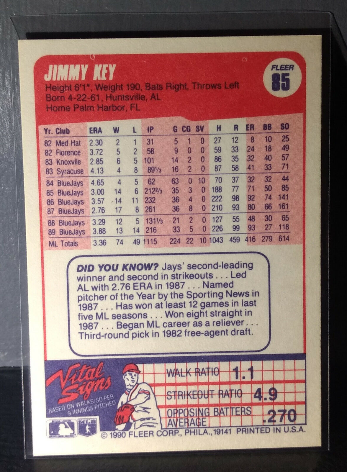 1990 Jimmy Key Fleer Baseball Card #85