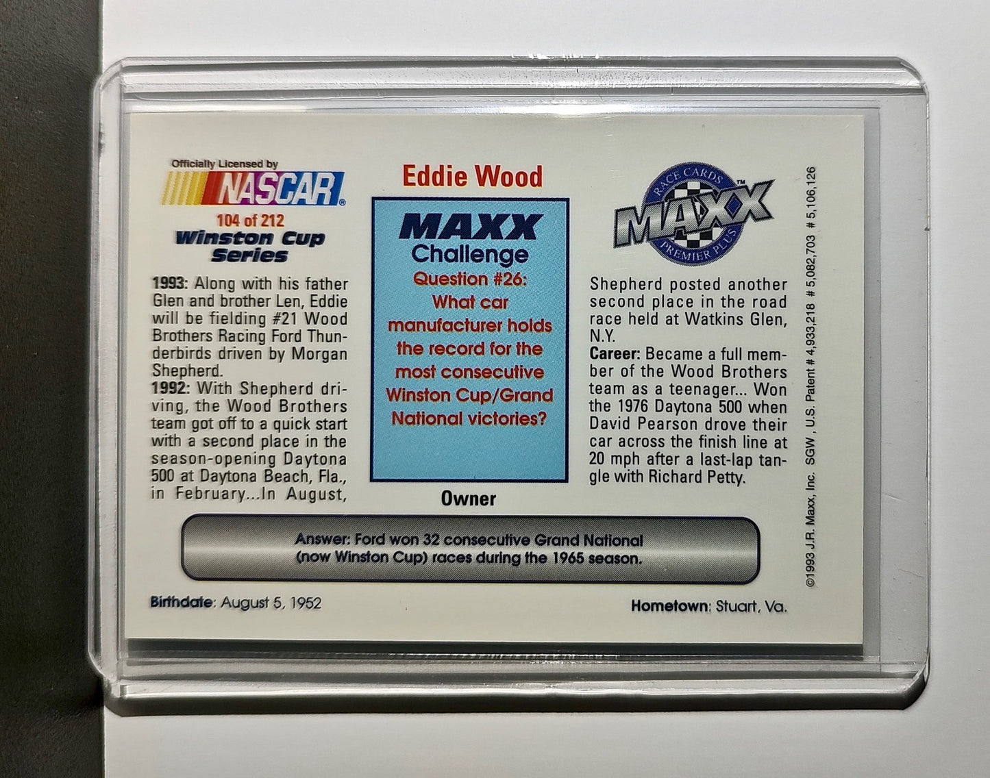 Eddie Wood 1993 Maxx Premier Plus Racing #104 NASCAR Card Wood Brothers Racing