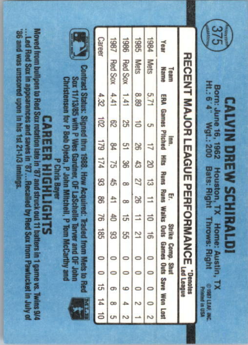 1988 Calvin Schiraldi Donruss Baseball Card #375