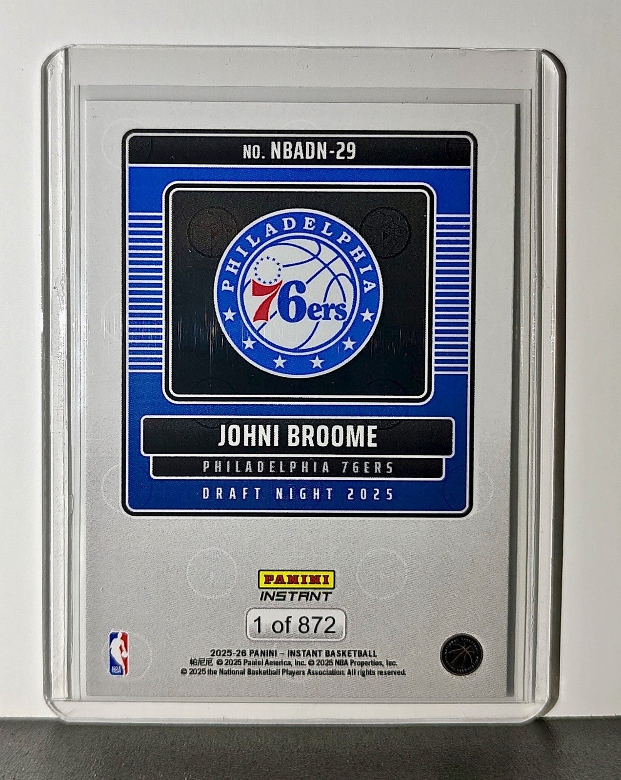 Johni Broome Rookie 2025-26 Panini NBA #29 Draft Night Card Philadelphia 76ers