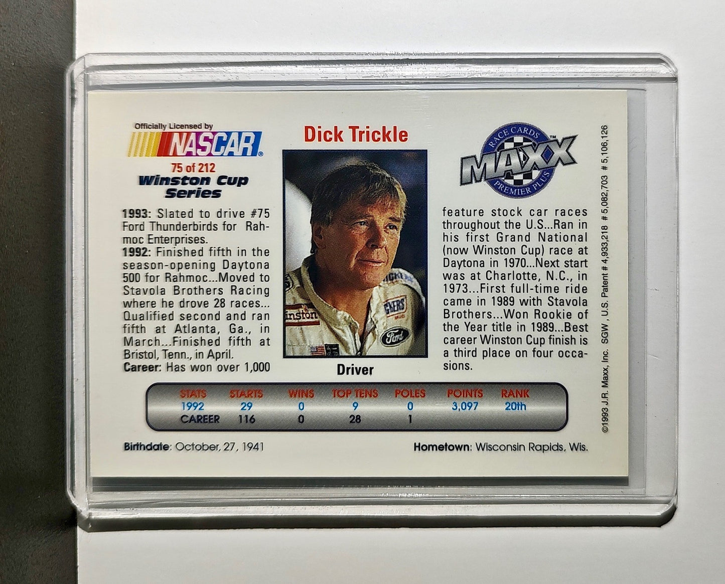 Dick Trickle 1993 Maxx Premier Plus Racing #75 NASCAR Stavola Brothers Racing