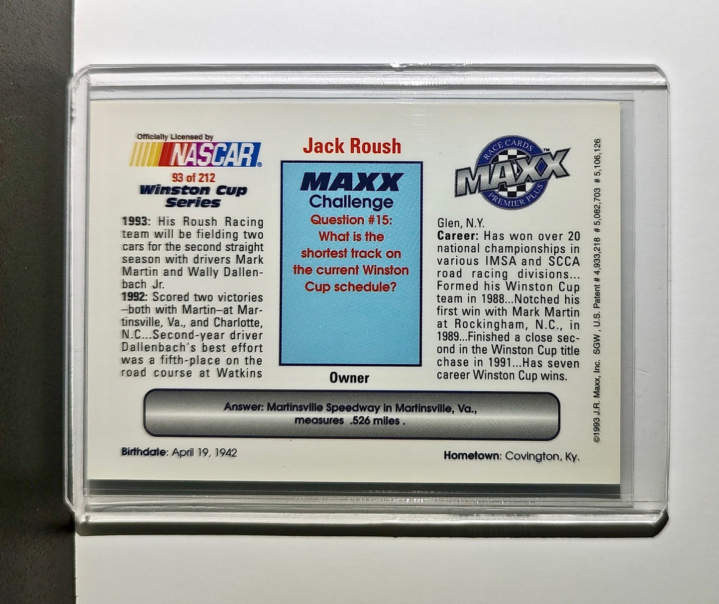 Jack Roush 1993 Maxx Premier Plus Racing #93 NASCAR Card Roush Racing