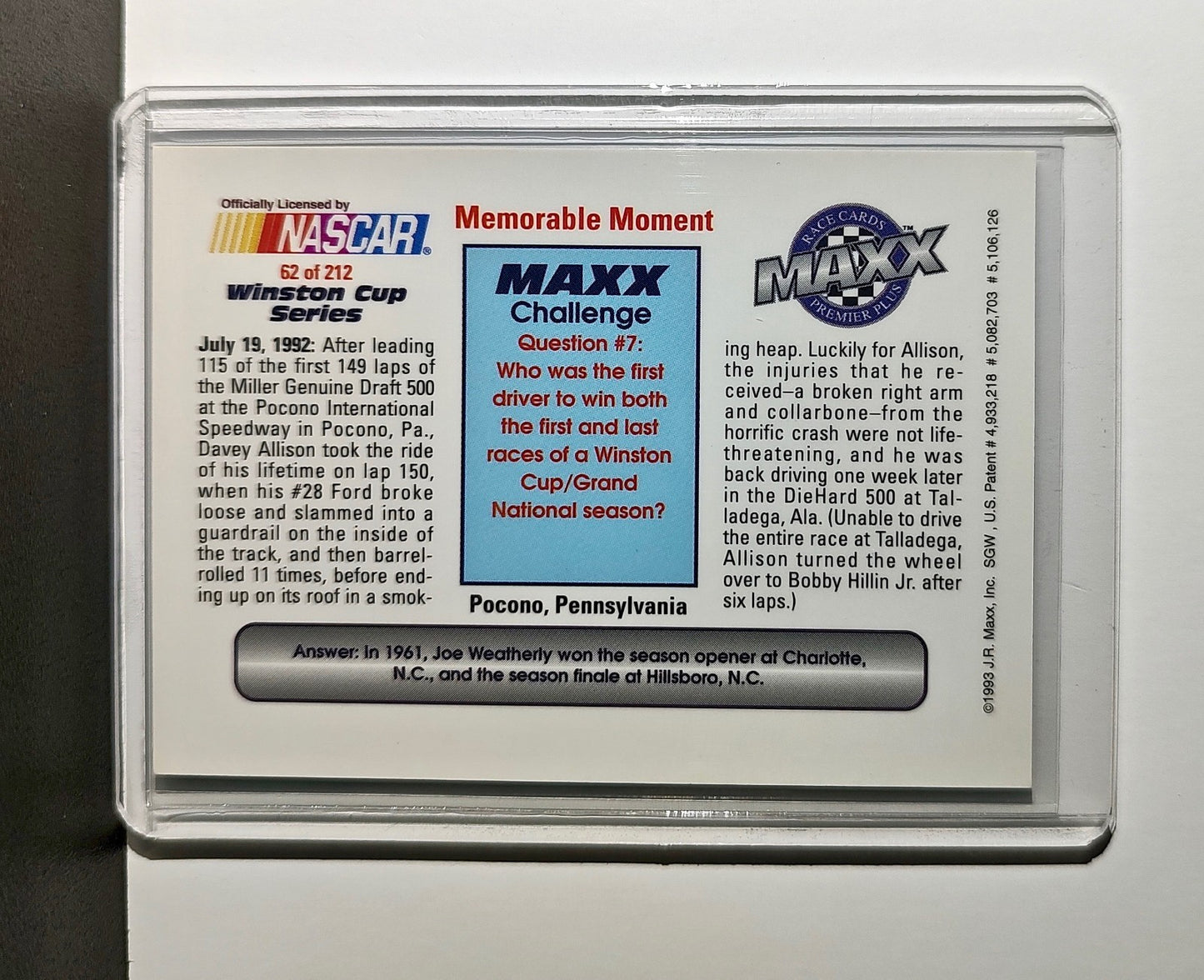 Memorable Moment 1993 Maxx Premier Plus Racing #62 NASCAR Robert Yates Racing