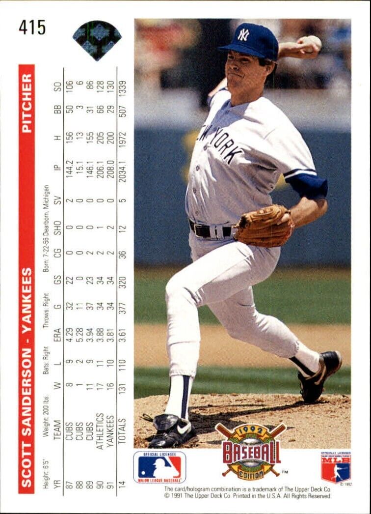 Scott Sanderson 1992 Upper Deck MLB #415 Baseball Card New York Yankees