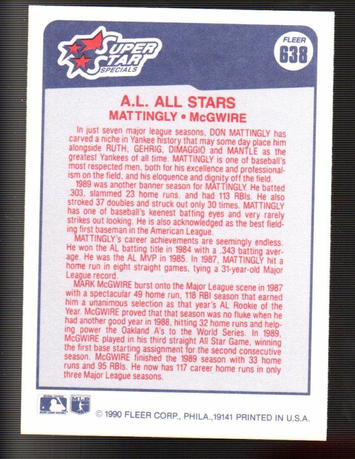 1990 Don Mattingly / Mark McGwire Fleer Baseball Card #638