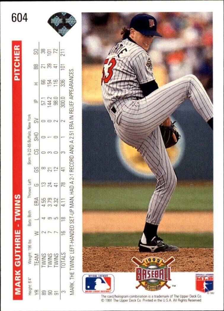 Mark Guthrie 1992 Upper Deck MLB #604 Baseball Card Minnesota Twins