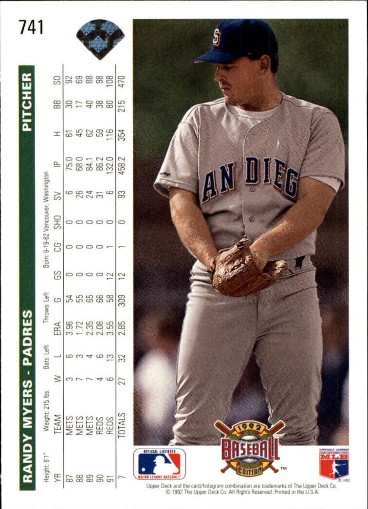 Randy Myers 1992 Upper Deck MLB #741 Baseball Card San Diego Padres
