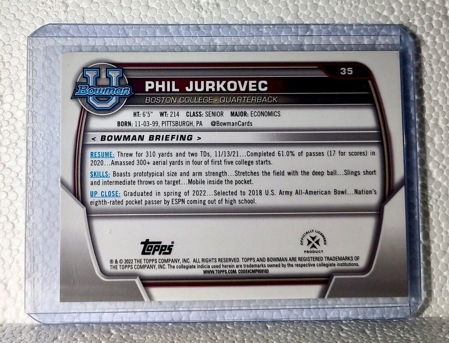 Phil Jurkovec 2022 Topps 1st Bowman U Football #35 Card Boston College
