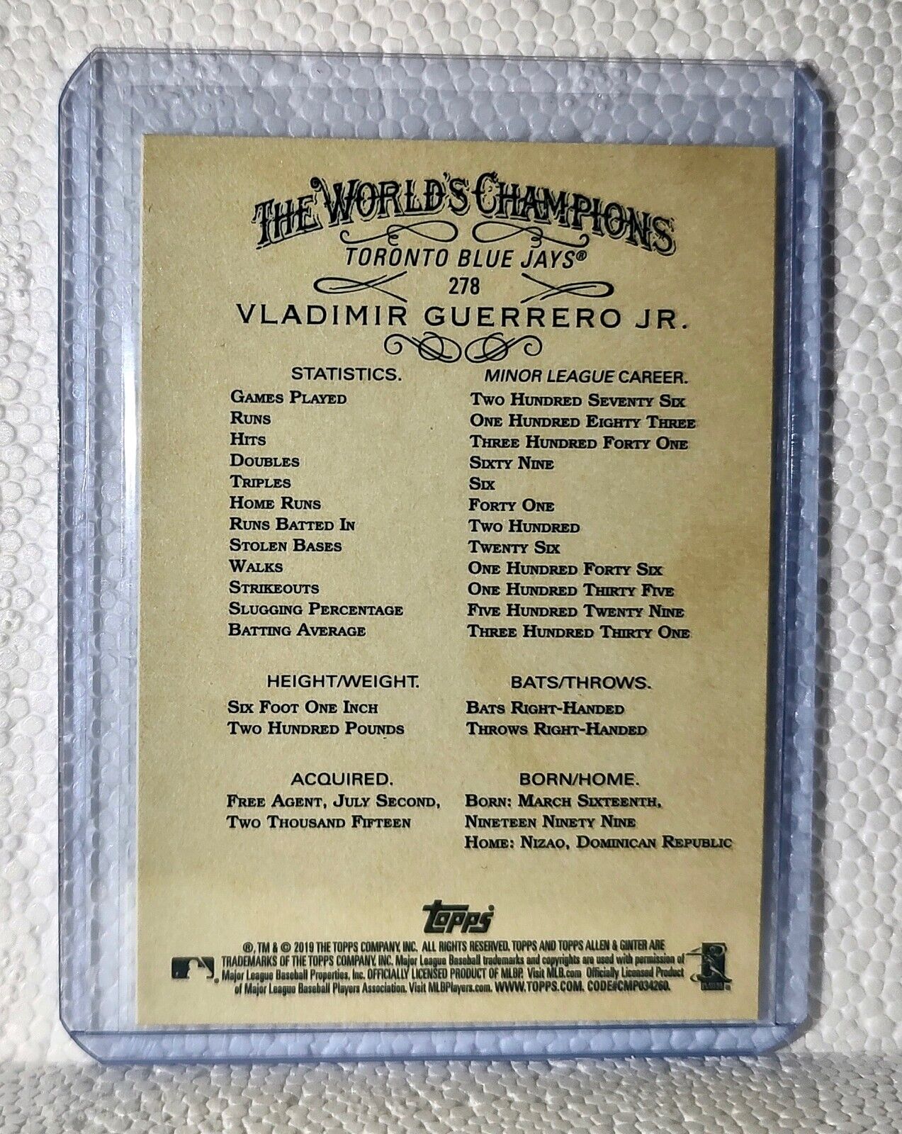 Vladimir Guerrero Jr. 2019 Topps MLB #278 Baseball Card Toronto Blue Jays