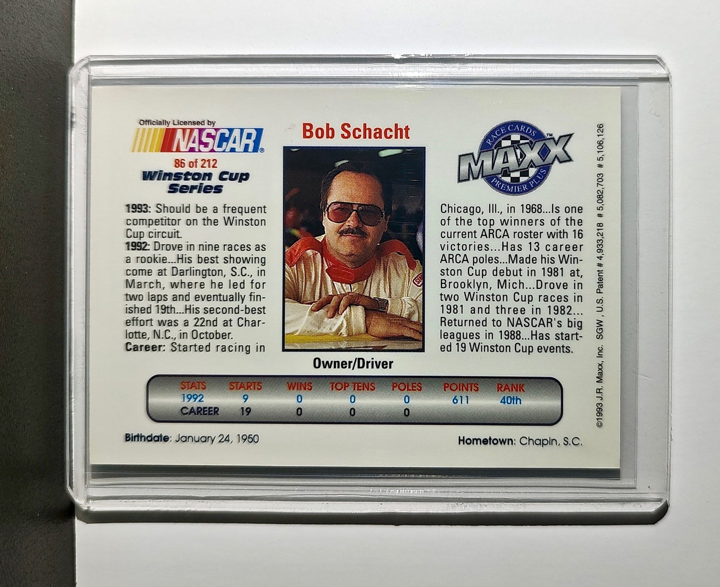 Bob Schacht 1993 Maxx Premier Plus Racing #86 NASCAR Card Bob Schacht Racing