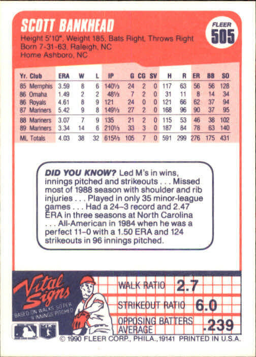 1990 Scott Bankhead Fleer Baseball Card #505