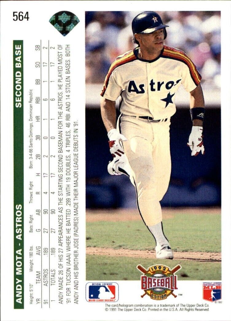 Andy Mota 1992 Upper Deck MLB #564 Baseball Card Houston Astros