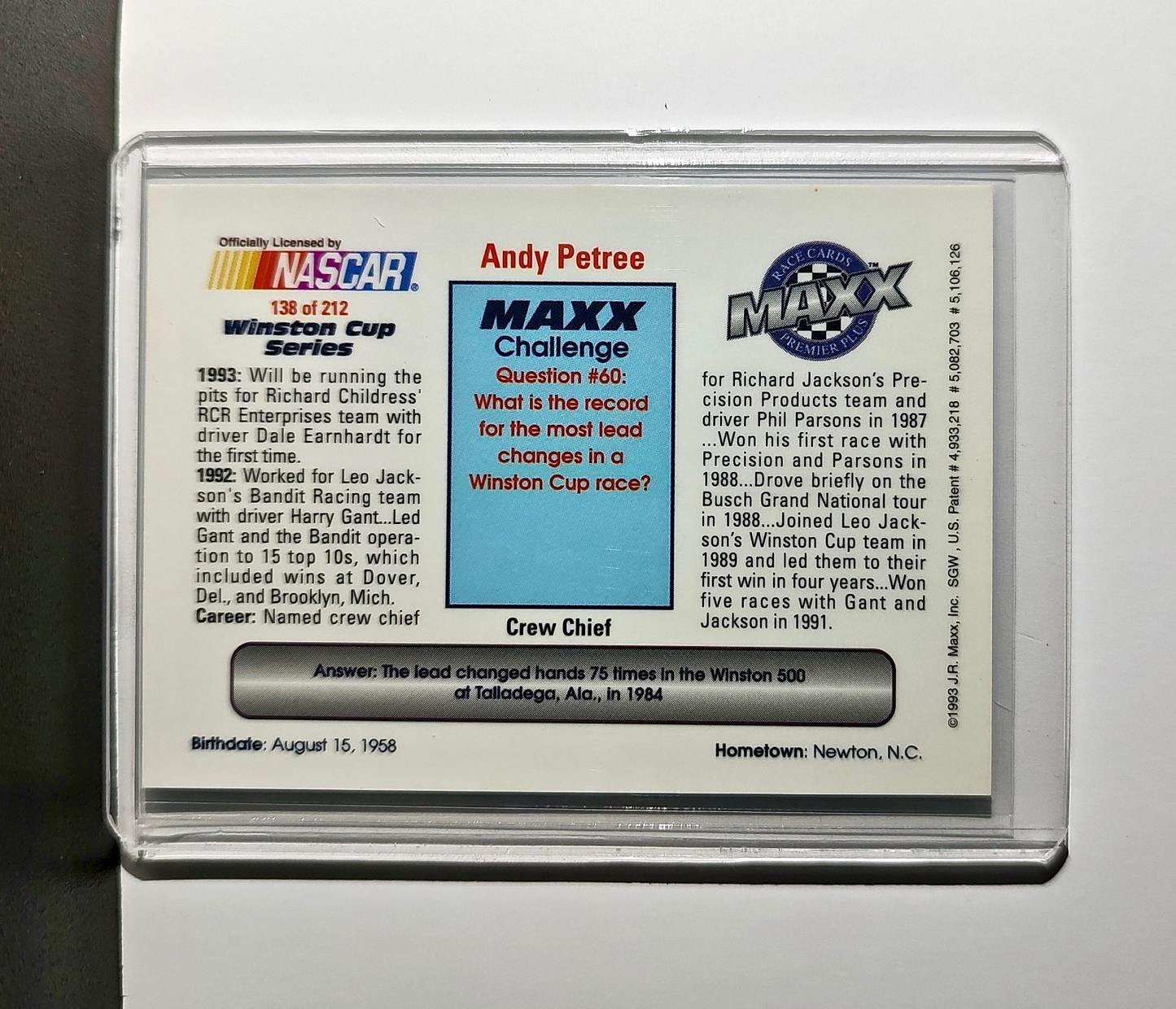 Andy Petree 1993 Maxx Premier Plus Racing #138 NASCAR Leo Jackson Motorsports