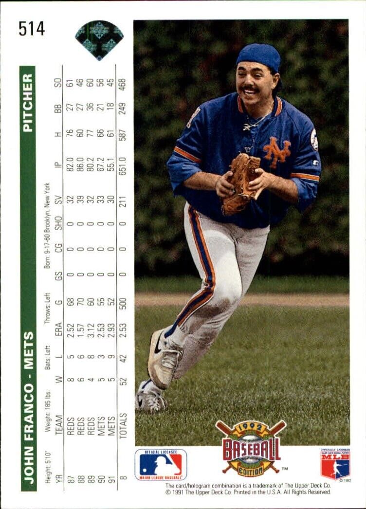 John Franco 1992 Upper Deck MLB #514 Baseball Card New York Mets
