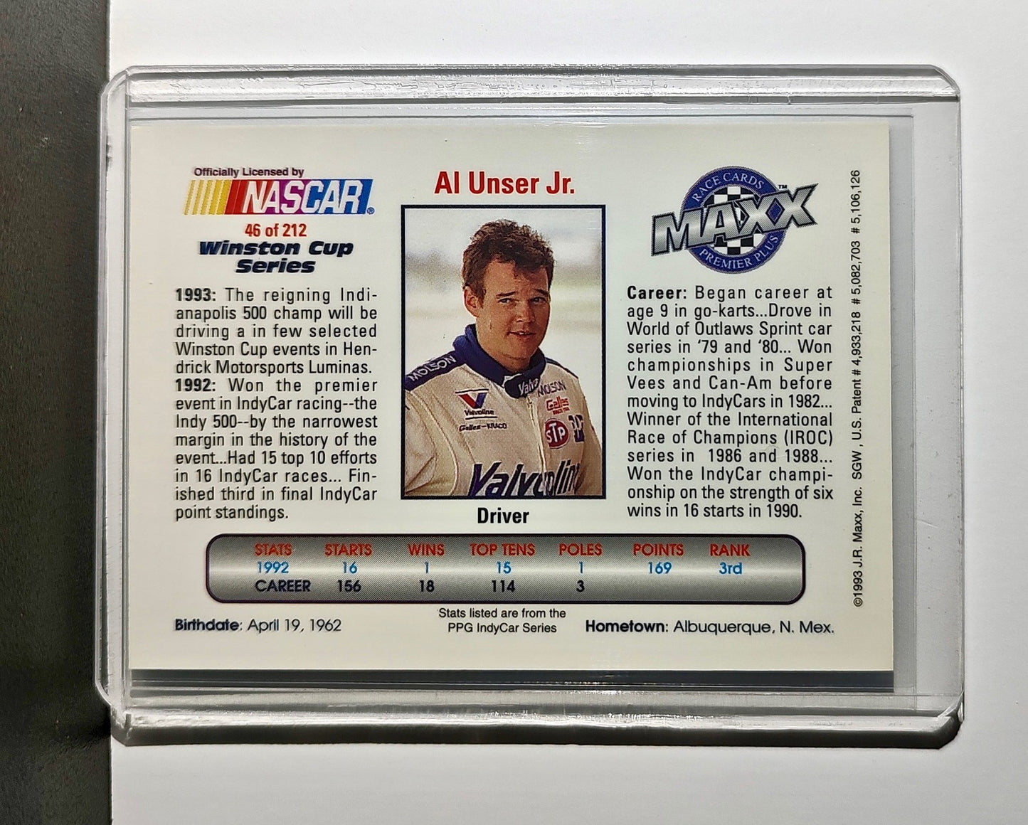 Al Unser Jr. 1993 Maxx Premier Plus Racing #46 NASCAR Card Hendrick Motorsports