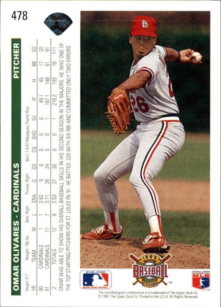 Omar Olivares 1992 Upper Deck MLB #478 Baseball Card St. Louis Cardinals