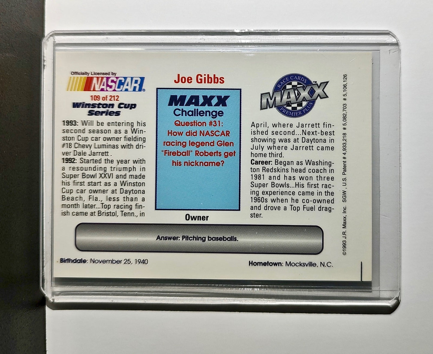 Joe Gibbs 1993 Maxx Premier Plus Racing #109 NASCAR Card Joe Gibbs Racing