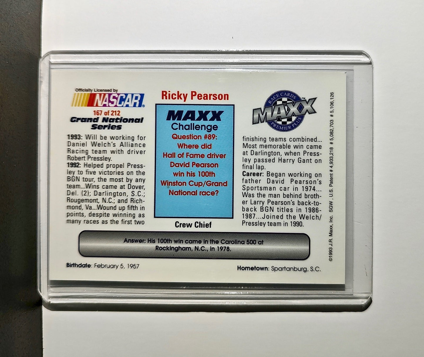 Ricky Pearson 1993 Maxx Premier Plus Racing #167 NASCAR Card Alliance Racing
