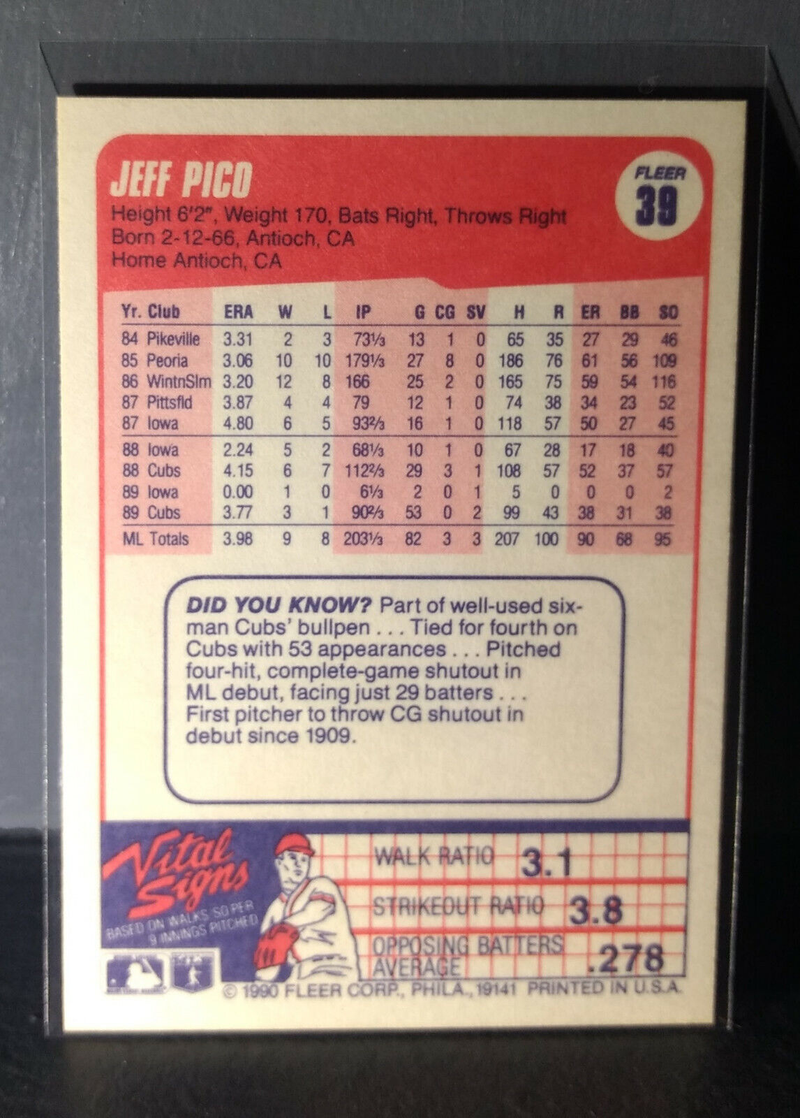 1990 Jeff Pico Fleer Baseball Card #39