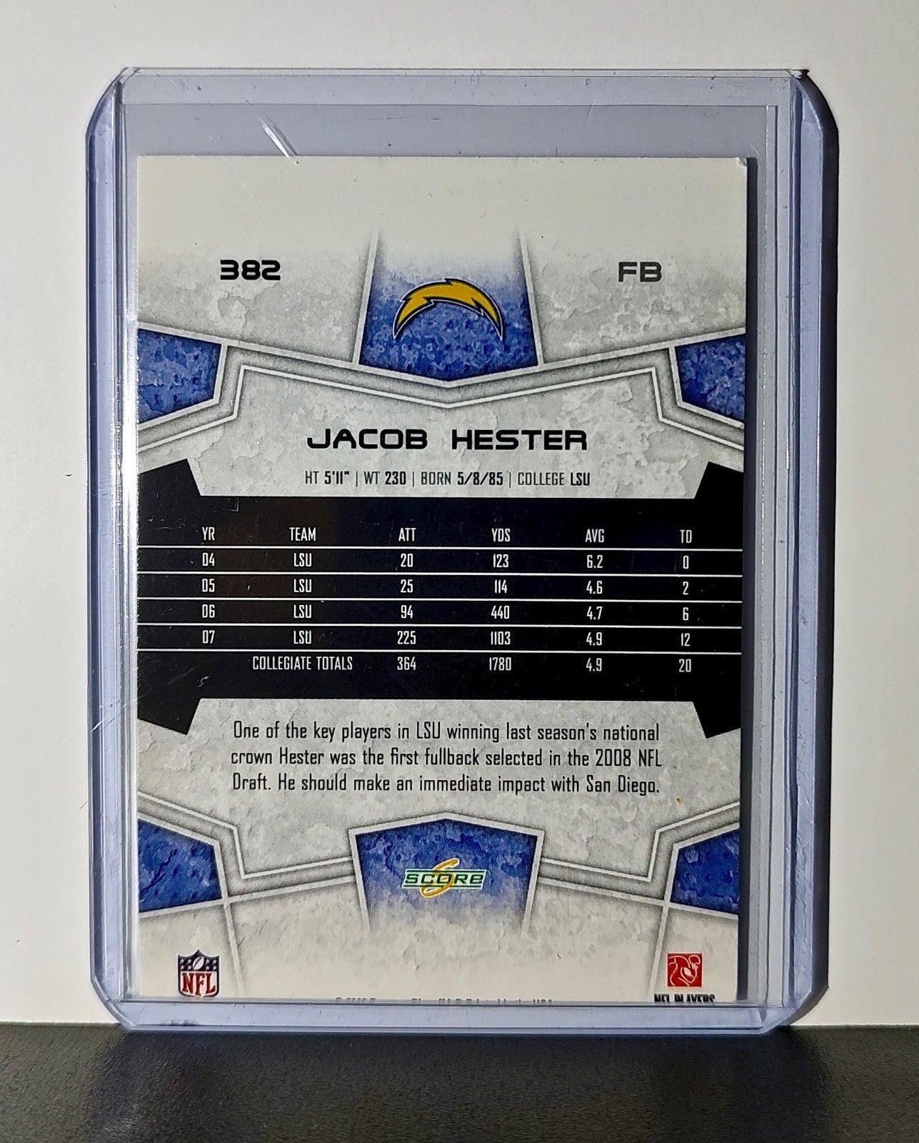 Jacob Hester Rookie 2008 Score NFL #382 Card San Diego Chargers