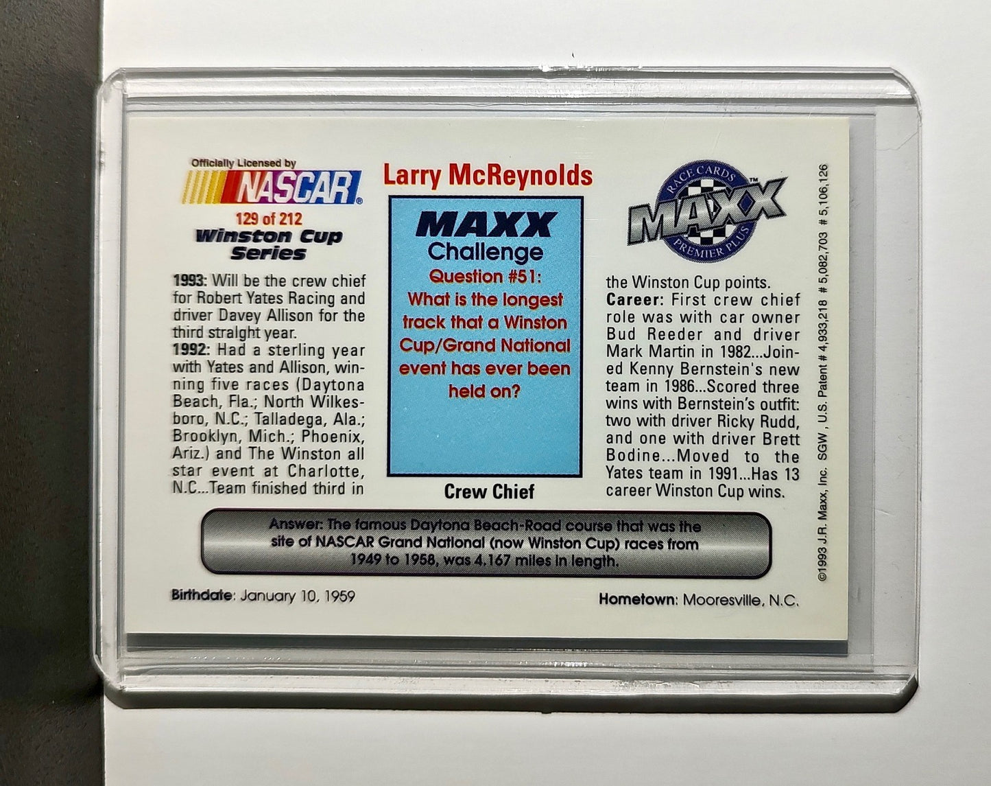 Larry McReynolds 1993 Maxx Premier Plus Racing #129 NASCAR Robert Yates Racing