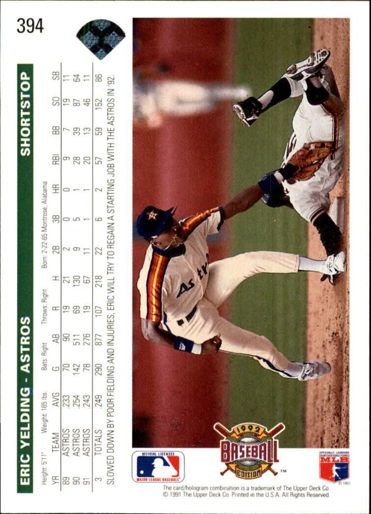 Eric Yelding 1992 Upper Deck MLB #394 Baseball Card Houston Astros
