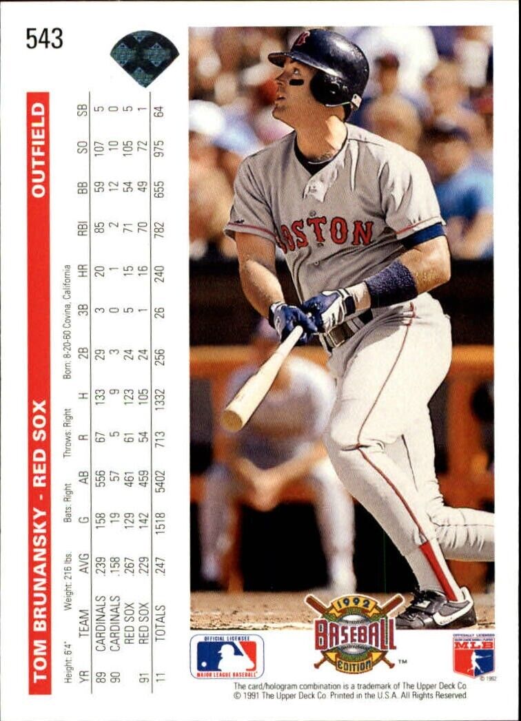 Tom Brunansky 1992 Upper Deck MLB #543 Baseball Card Boston Red Sox