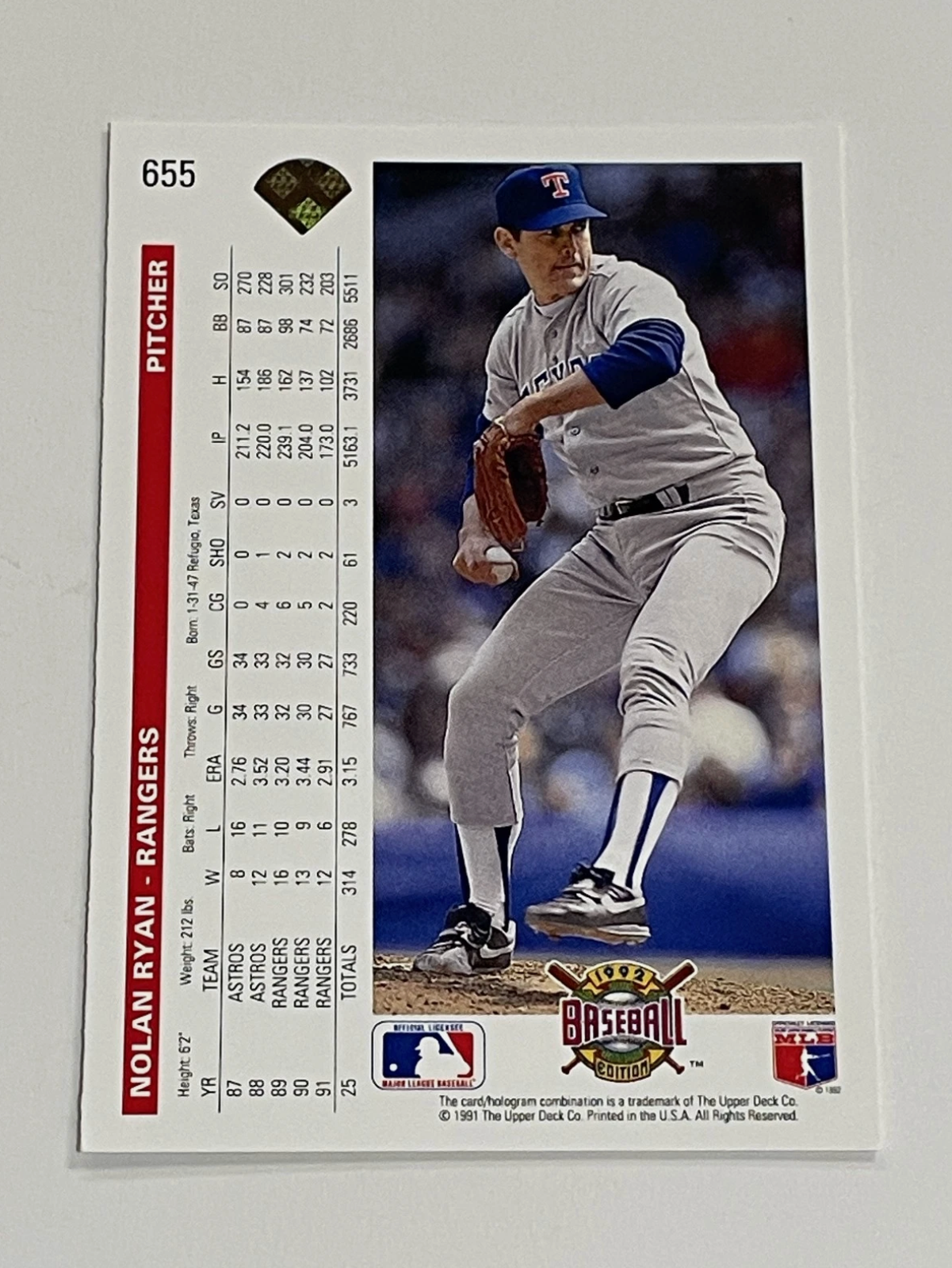 Nolan Ryan 1992 Upper Deck MLB #655 Baseball Card Texas Rangers