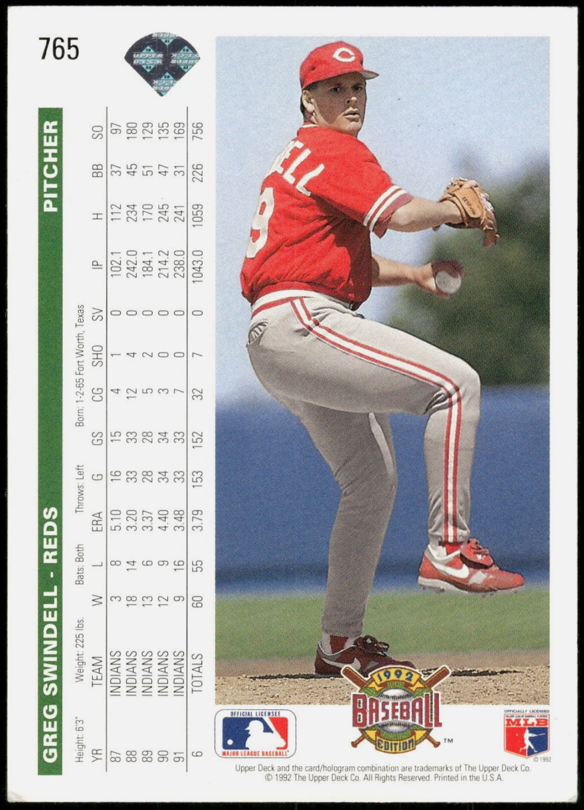 Greg Swindell 1992 Upper Deck MLB #765 Baseball Card Cincinnati Reds