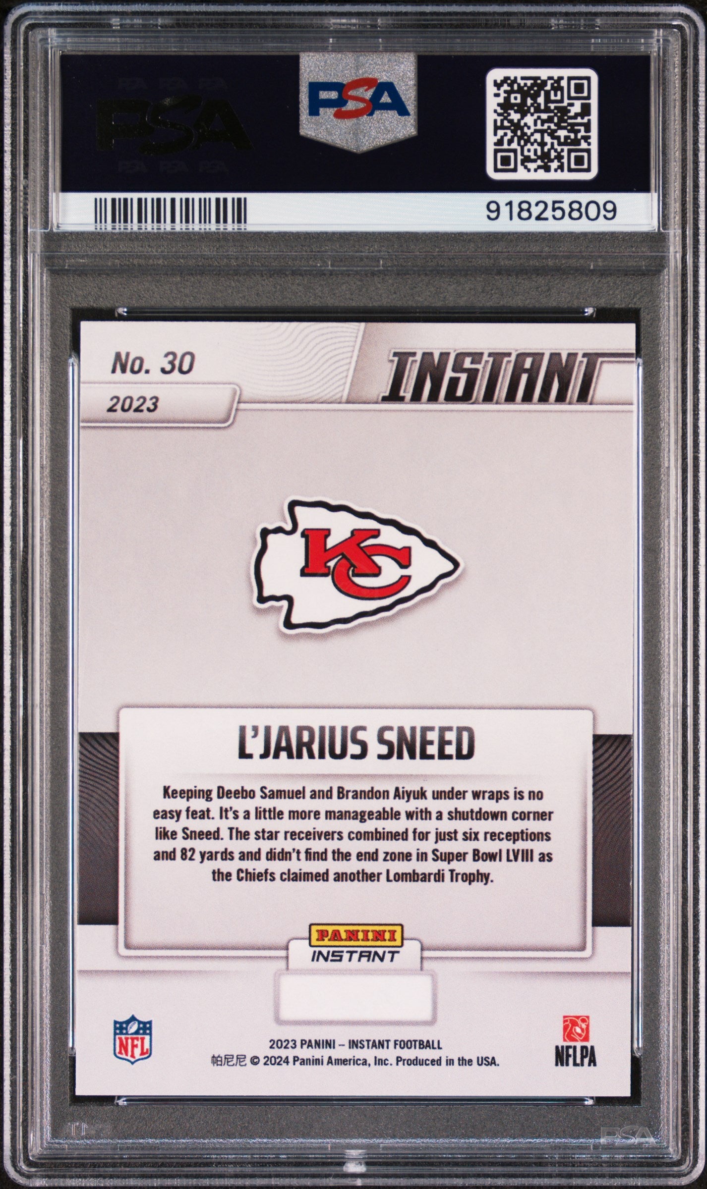 L'Jarius Sneed 2023 Panini NFL Superbowl Champions #30 Card PSA 10 Gem Mint