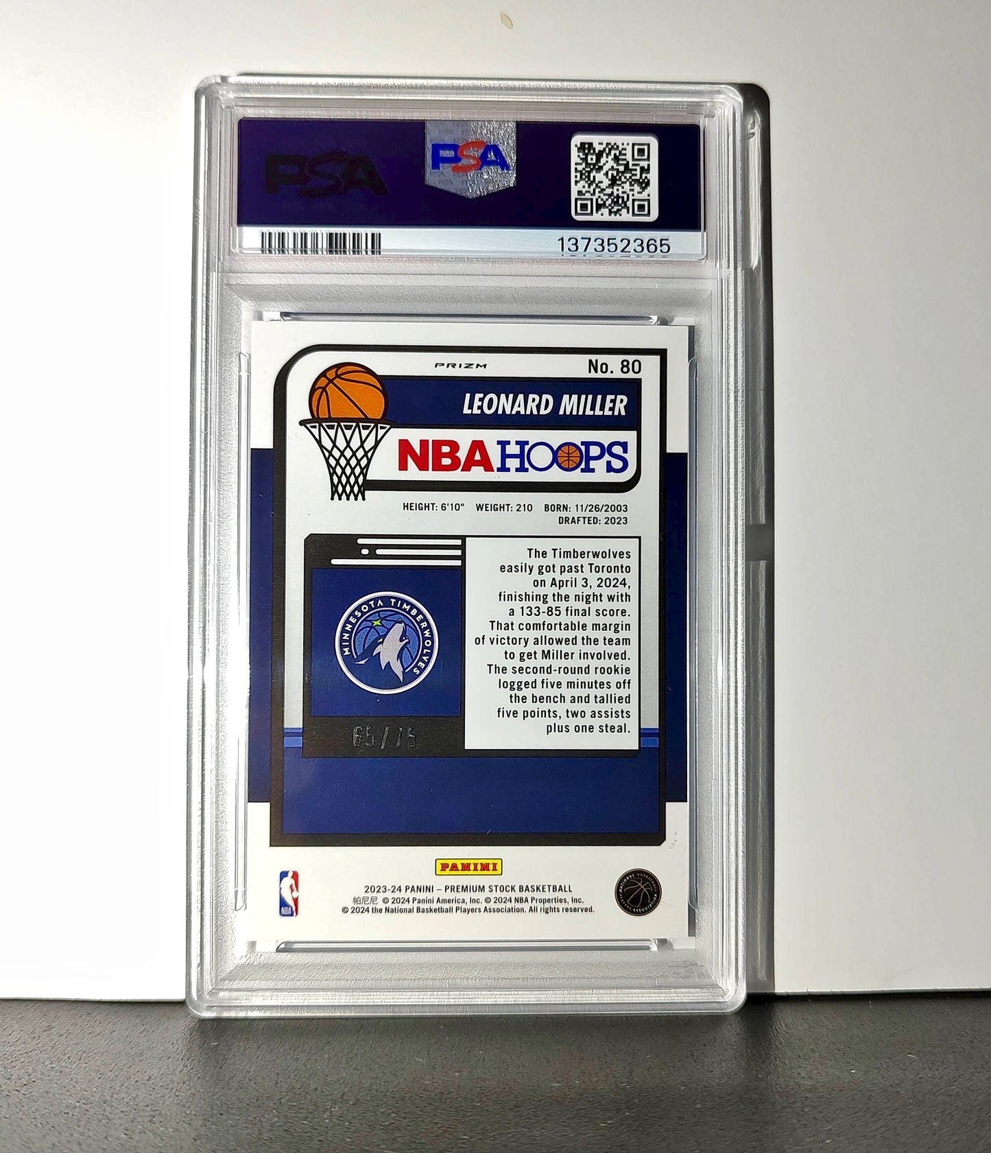 Leonard Miller 2023 Panini Hoops Premium #80 65/75 Blue Pulsar PSA 9 Mint