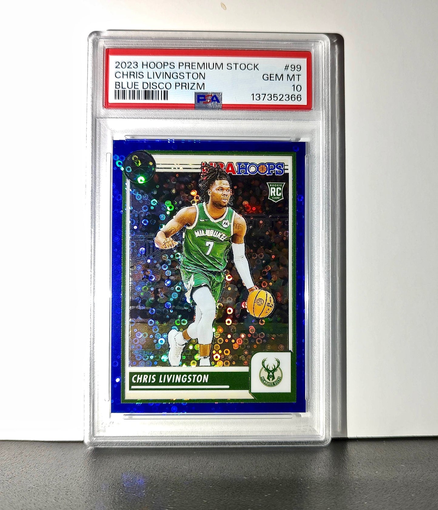 Chris Livingston 2023 Panini Hoops Premium #99 93/99 Blue Disco Prizm PSA 10 Gem