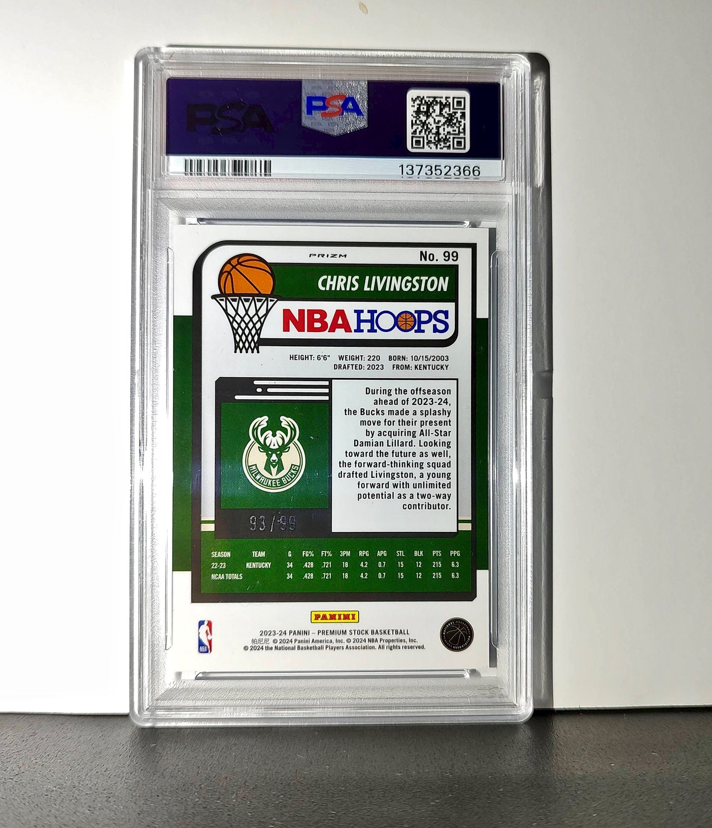 Chris Livingston 2023 Panini Hoops Premium #99 93/99 Blue Disco Prizm PSA 10 Gem