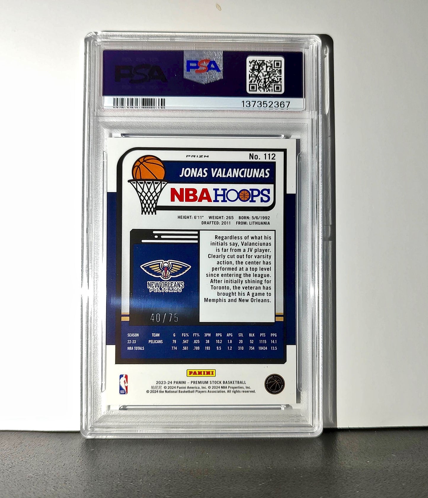 Jonas Valanciunas 2023 Panini Hoops Premium #112 40/75 Blue Pulsar PSA 10 Gem