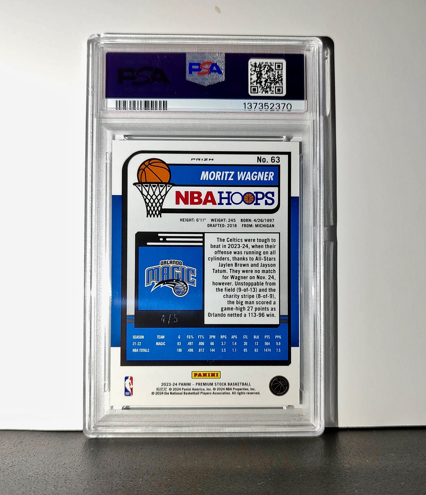 Moritz Wagner 2023 Panini Hoops Premium #63 4/5 Green Disco Prizm PSA 10 Gem