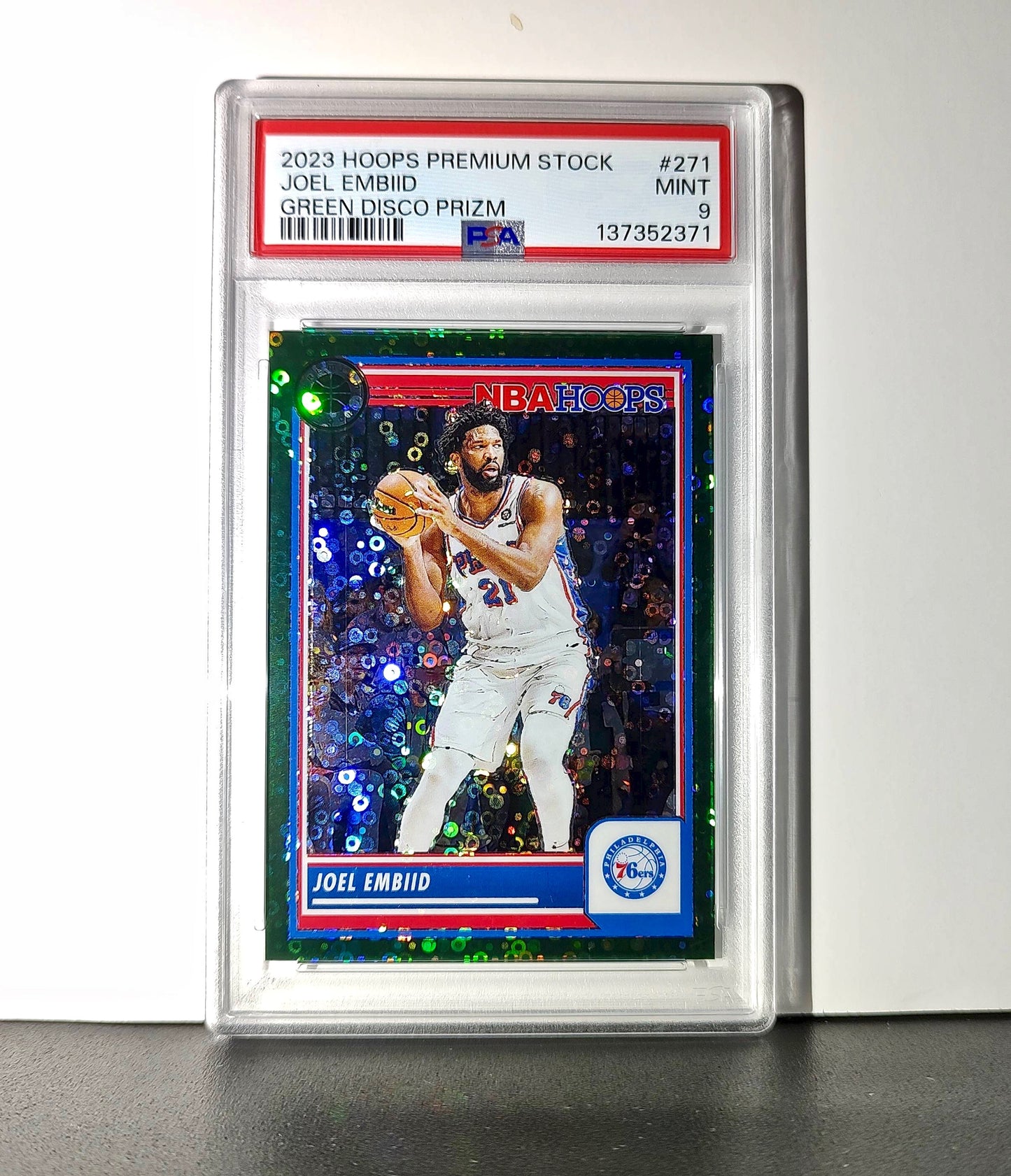 Joel Embiid 2023 Panini Hoops Premium #271 5/5 Green Disco Prizm PSA 9 Mint