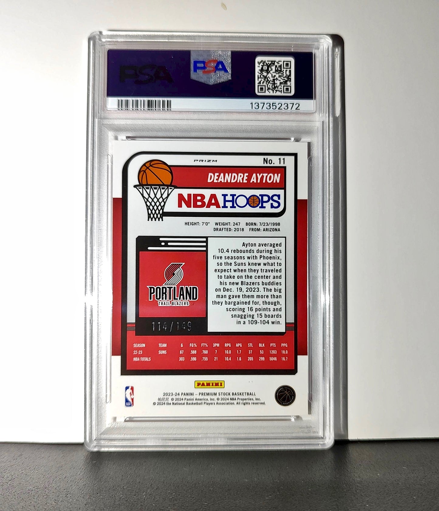 DeAndre Ayton 2023 Panini Hoops Premium #11 114/149 Red Disco Prizm PSA 9 Mint