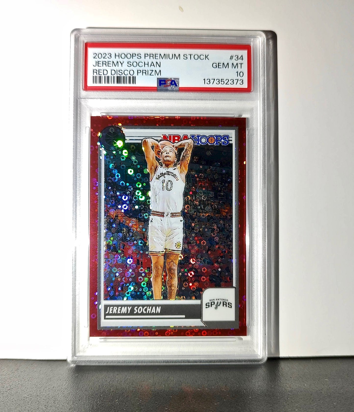 Jeremy Sochan 2023 Panini Hoops Premium #34 48/149 Red Disco Prizm PSA 10 Gem