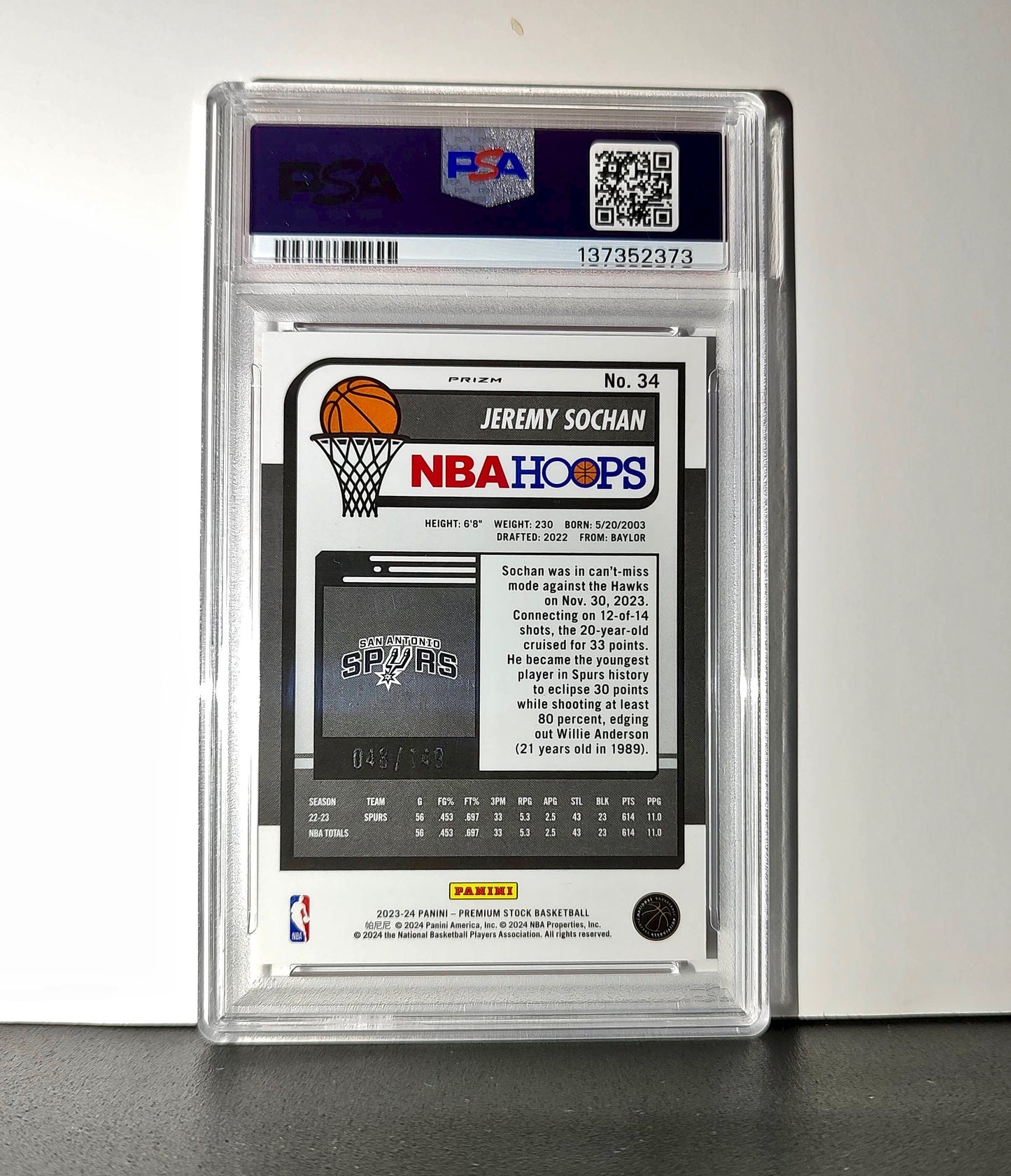Jeremy Sochan 2023 Panini Hoops Premium #34 48/149 Red Disco Prizm PSA 10 Gem
