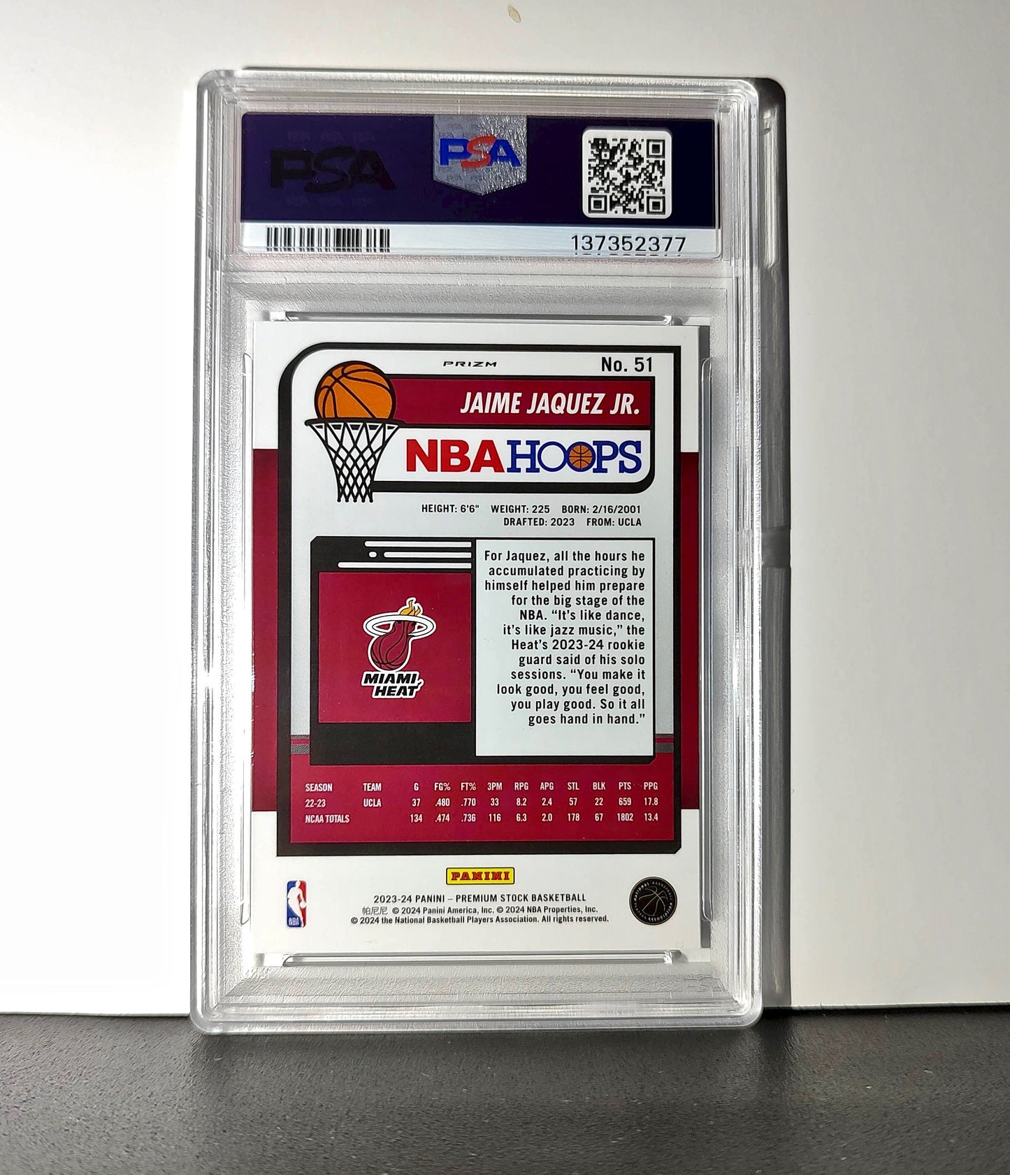 Jaime Jaquez Jr. 2023 Panini Hoops Premium #51 Disco Prizm PSA 8 NM-MT