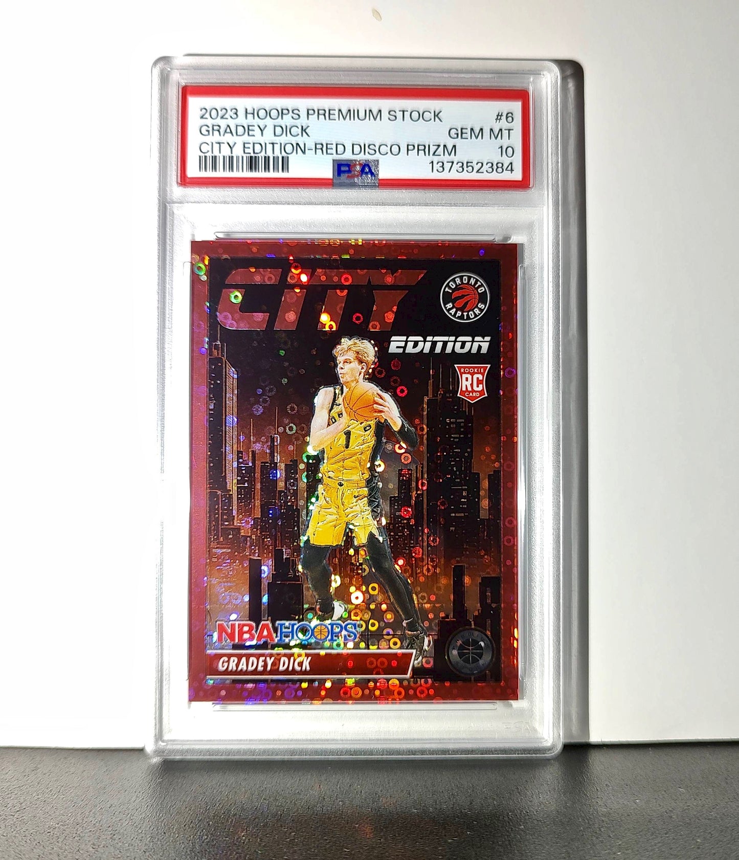 Gradey Dick 2023 Panini Hoops Premium City Edition #6 Red Disco Prizm PSA 10 Gem