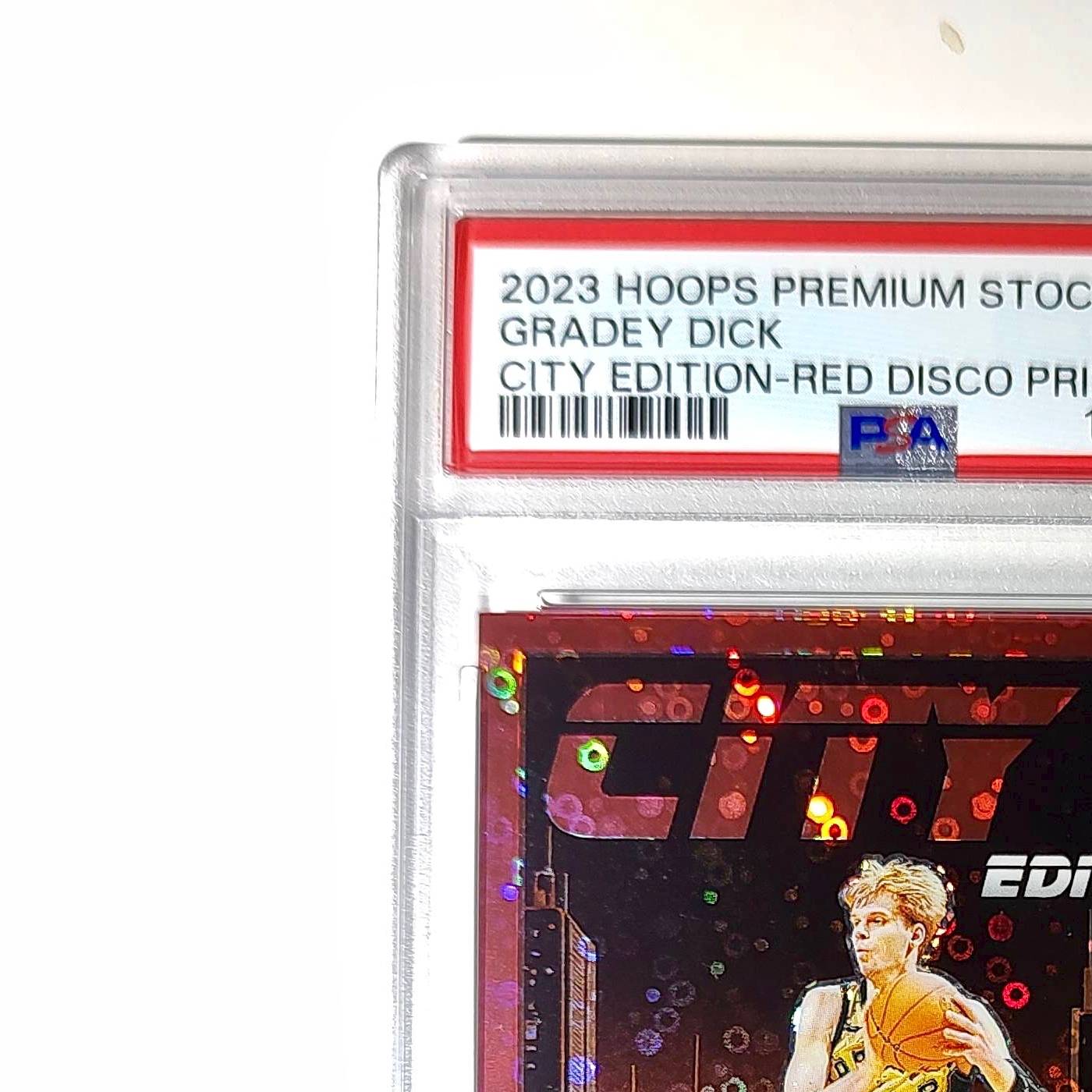 Gradey Dick 2023 Panini Hoops Premium City Edition #6 Red Disco Prizm PSA 10 Gem