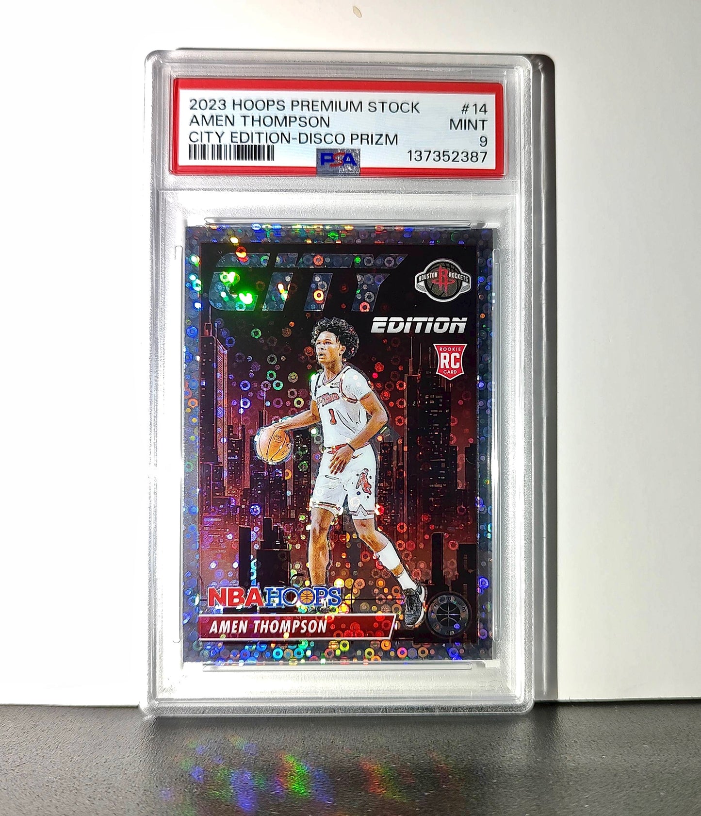 Amen Thompson 2023 Panini Hoops Premium City Edition #14 Disco Prizm PSA 9 Mint