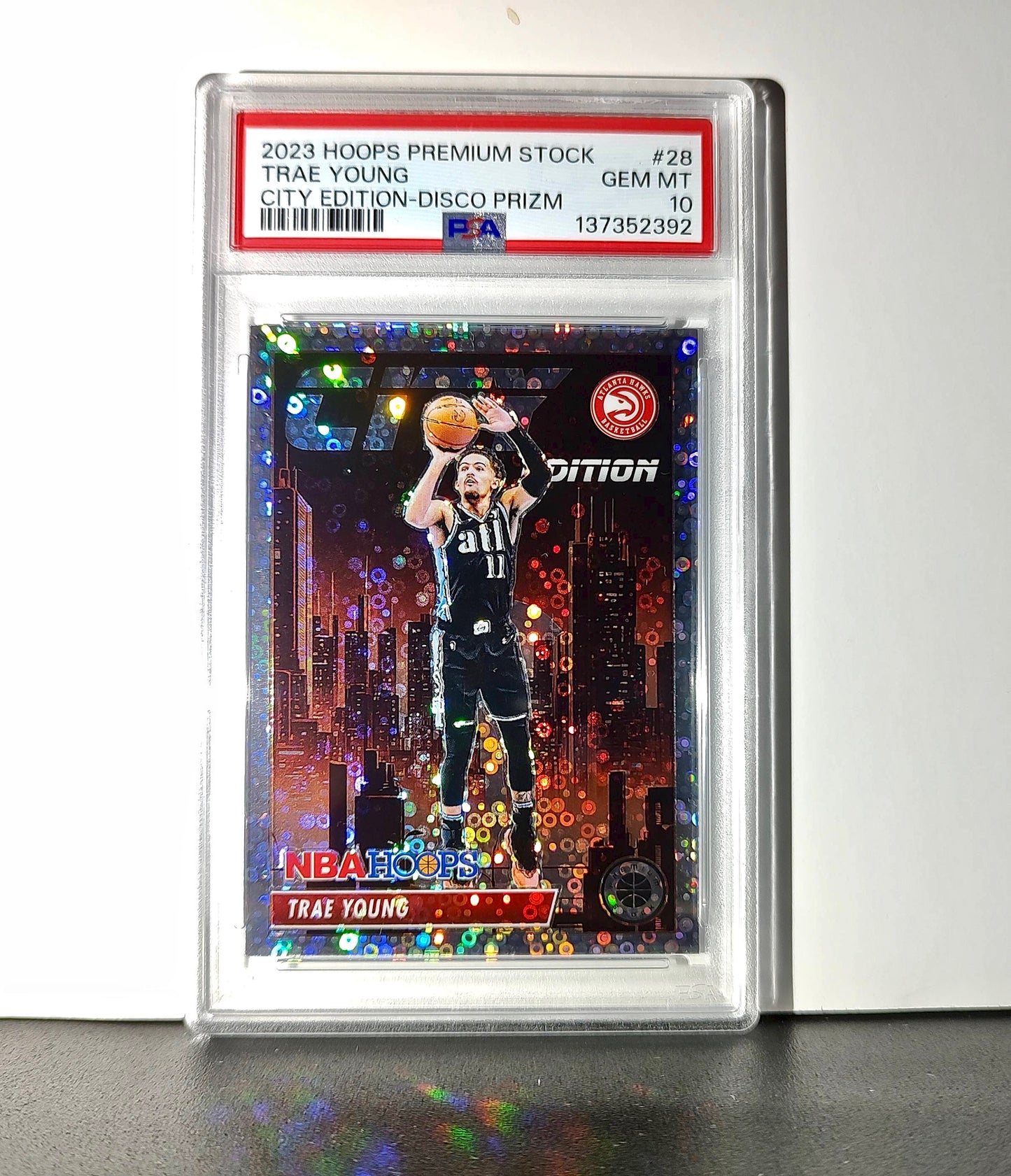Trae Young 2023 Panini Hoops Premium City Edition #28 Disco Prizm PSA 10 Gem