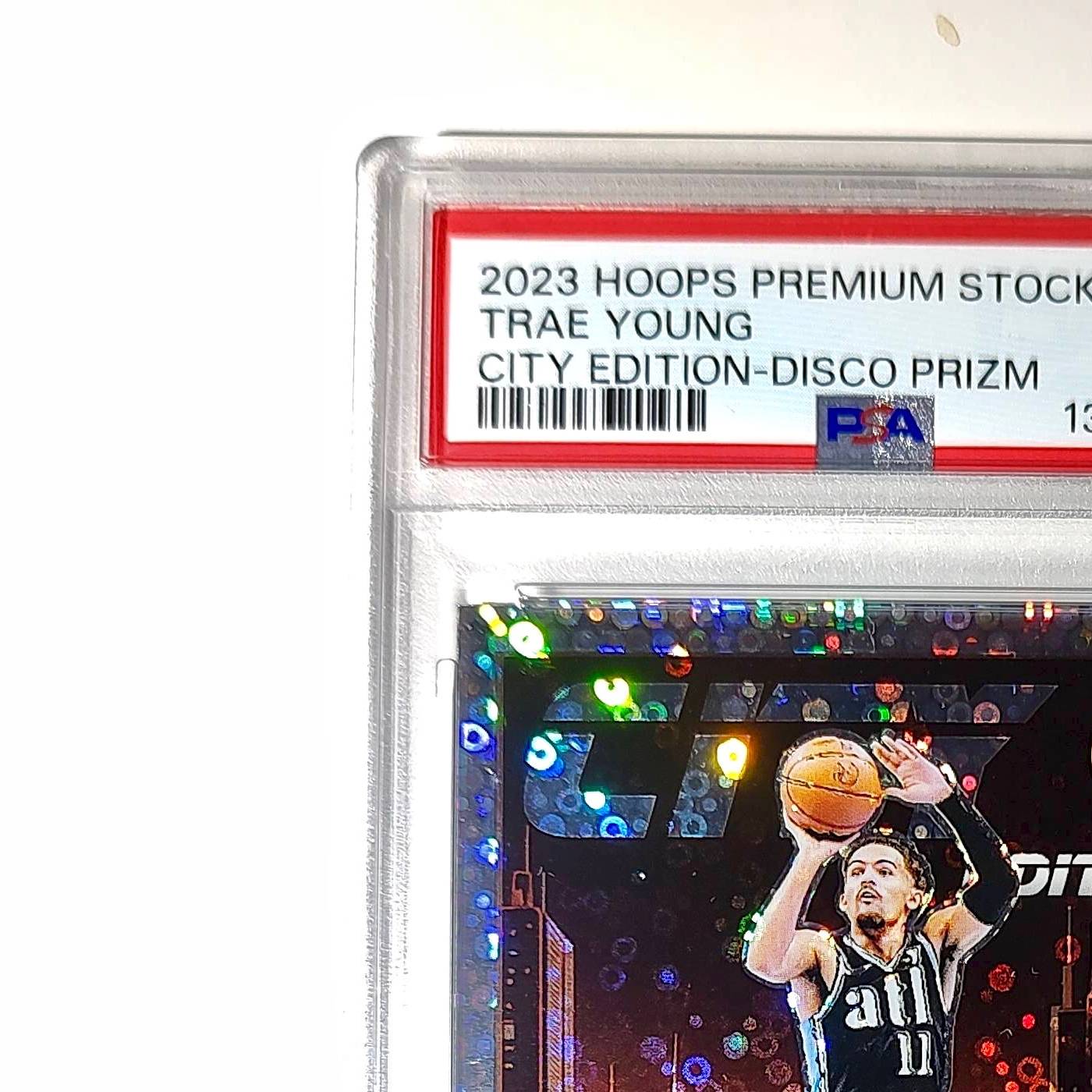 Trae Young 2023 Panini Hoops Premium City Edition #28 Disco Prizm PSA 10 Gem