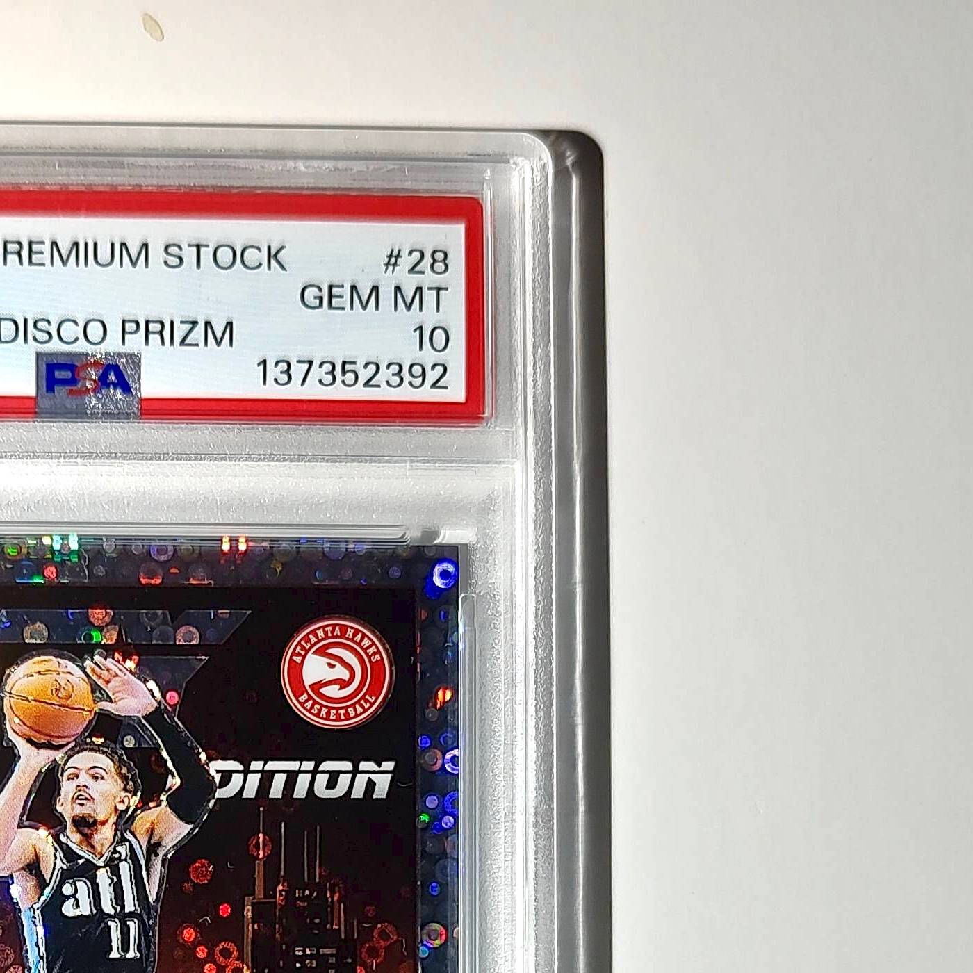 Trae Young 2023 Panini Hoops Premium City Edition #28 Disco Prizm PSA 10 Gem