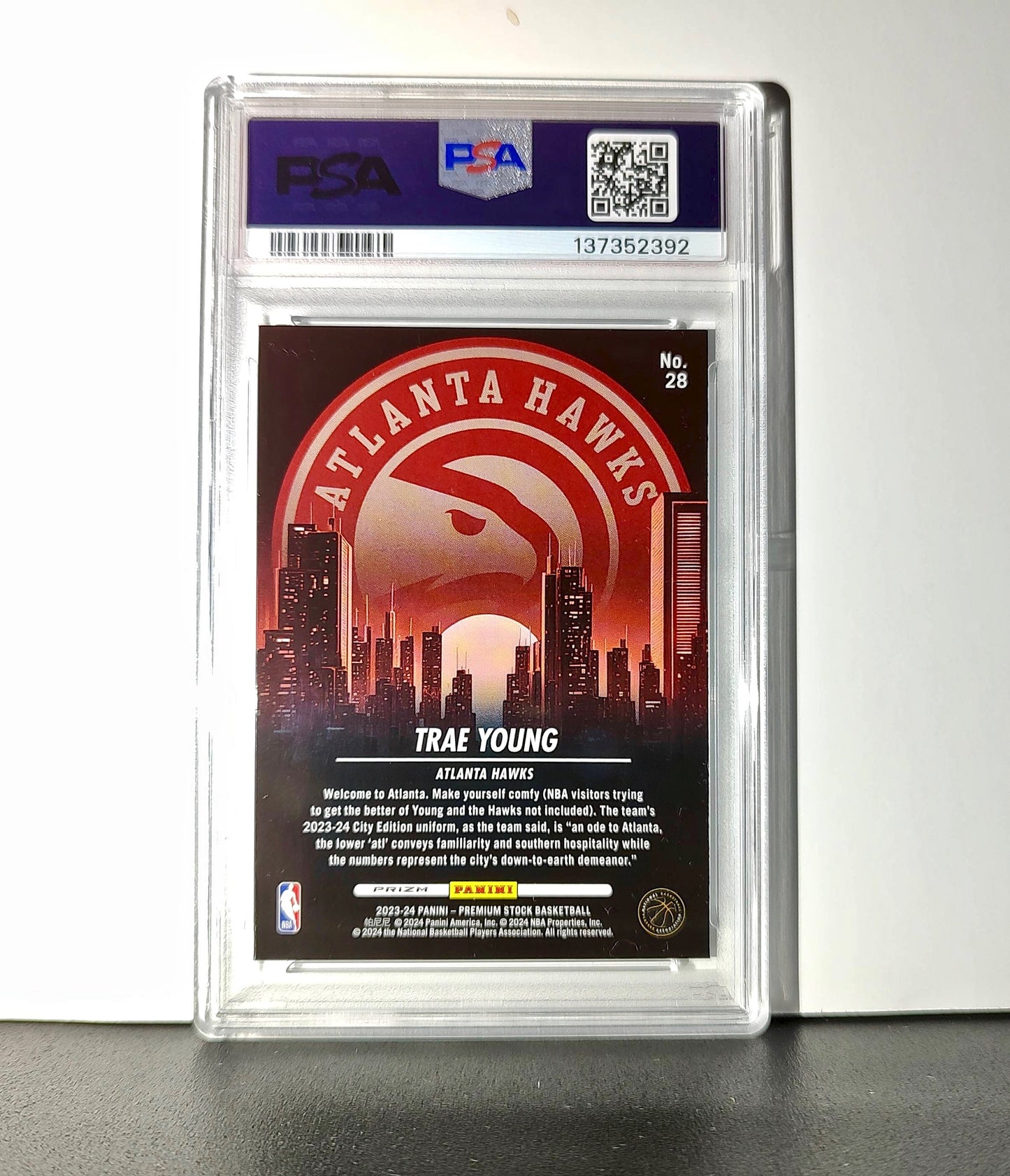 Trae Young 2023 Panini Hoops Premium City Edition #28 Disco Prizm PSA 10 Gem