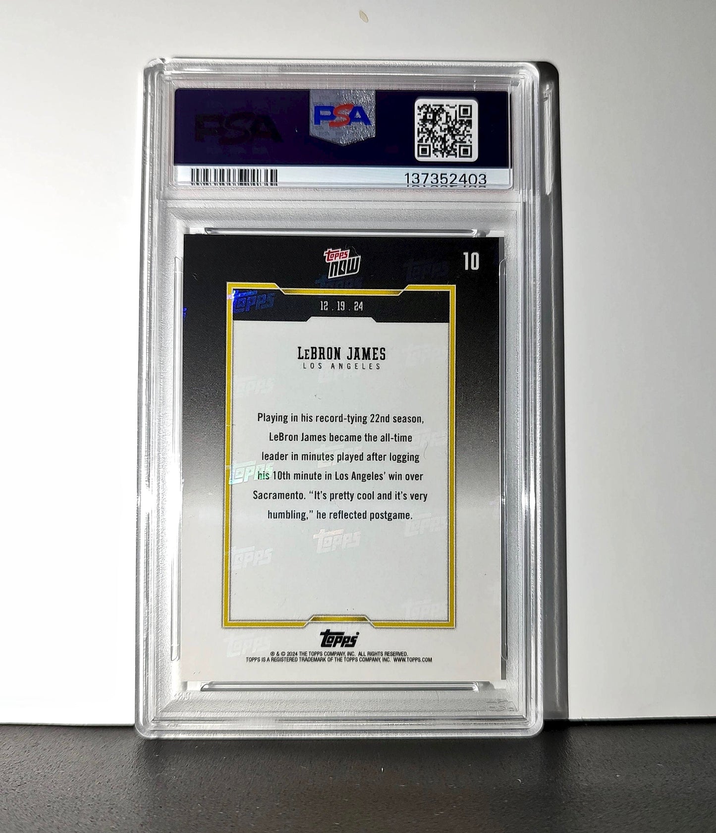 LeBron James 2024 Topps Now #10 All-Time Leader Minutes Played PSA 10 Gem Mint