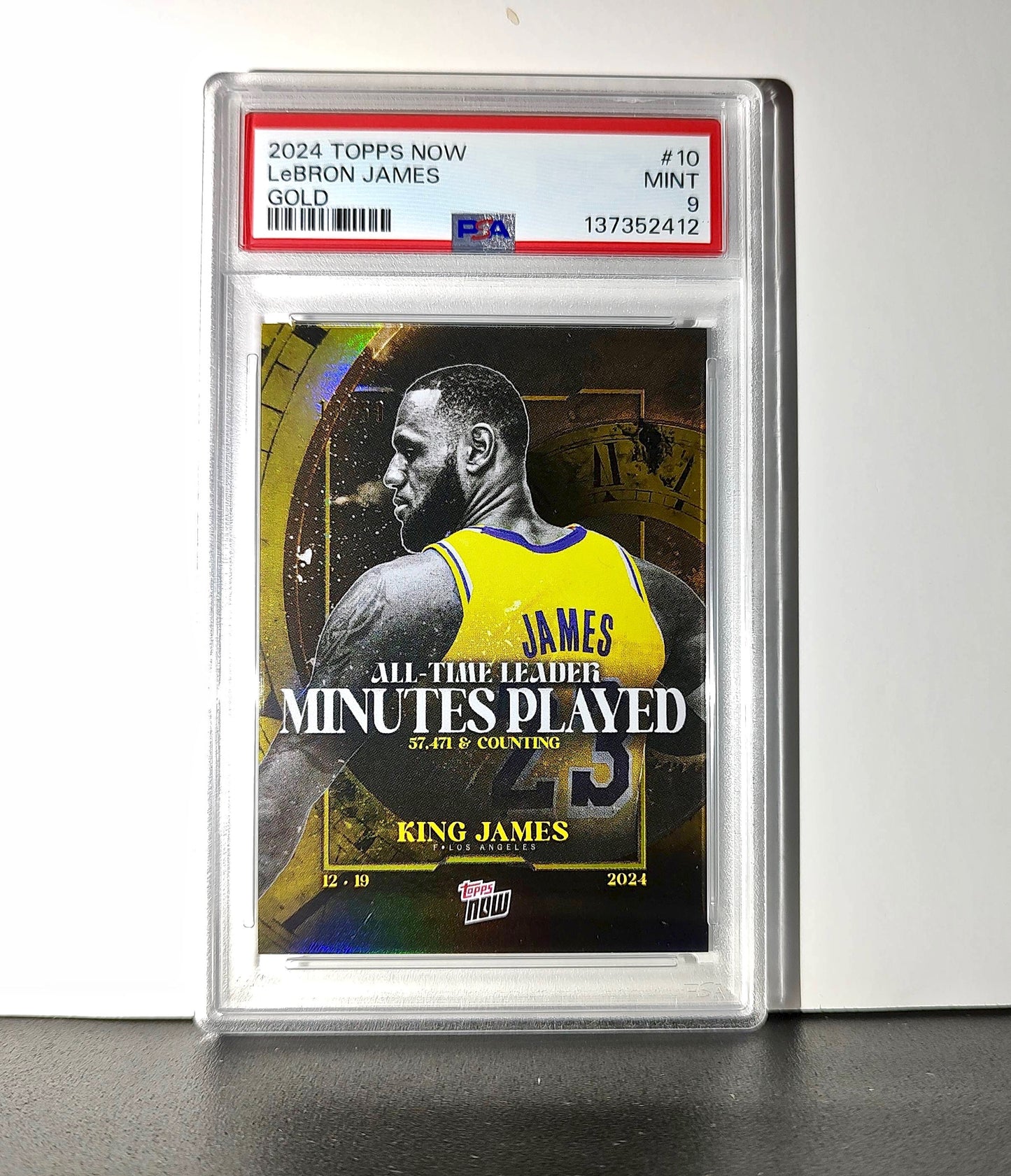 LeBron James 2024 Topps Now #10 All-Time Leader Minutes Played Gold 10/50 PSA 9
